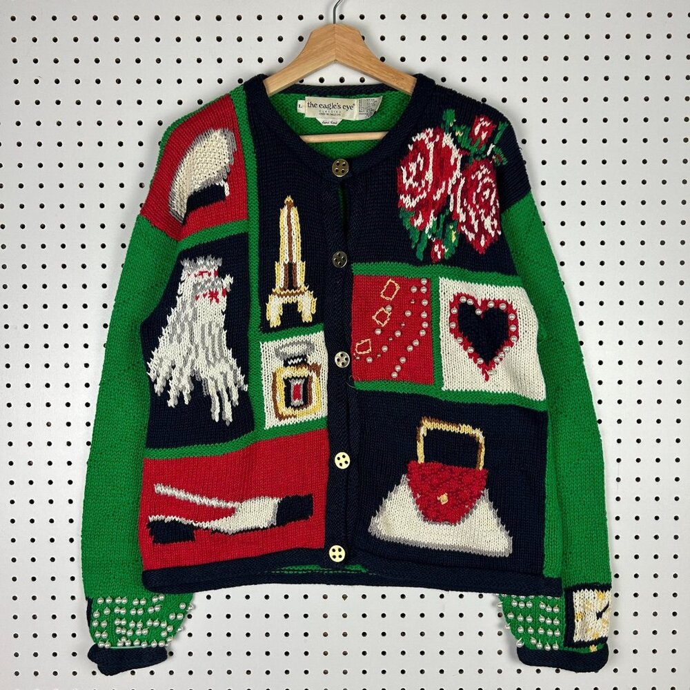 Eagle's Eye‎ Cardigan Sweater Large Grandma 90s Glam Fashion Hand Knit Fancy Vtg